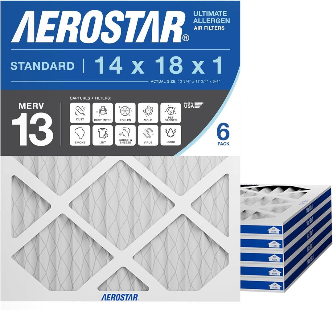 Aerostar 14x18x1 MERV 13 Air Filter, 6 Pack Set of HVAC Furnace Filters, Electrostatic MPR 1500-1900 & FPR 10 (Actual Size: 13 3/4 x 17 3/4 x 3/4 inches)