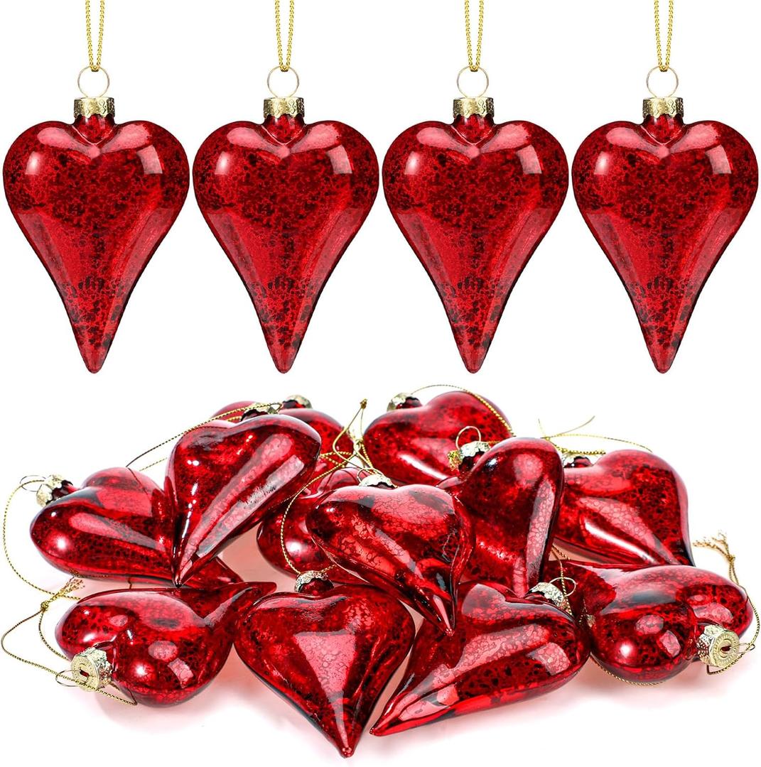 RattanView 12 Pack Valentine Heart Glass Ornament 3.2 inch Red Glass Heart Shaped Ornament Shiny Antique Romantic Love Shaped for Valentine Gift Wedding Anniversary Holiday Hanging Tree Decor