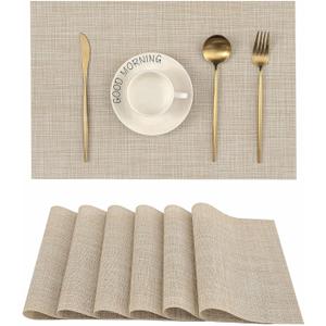 Leetaltree Beige Placemats Set of 6 - Heat Resistant Non-Slip Place mats for Dining Table, Washable Durable PVC Vinyl Woven Table MatsBeige, 6