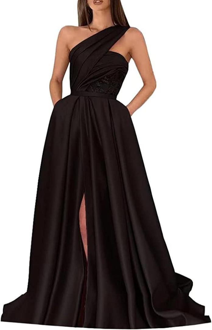 Satin One Shoulder Prom Dresses for Women 2025 Lace Appliques Formal Evening Dresses with Pockets (Black)