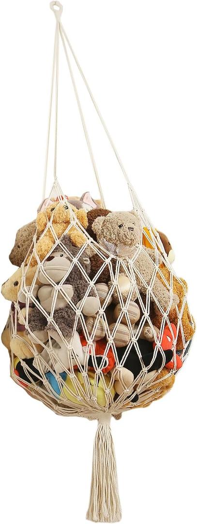Stuffed Animal Storage Hammock Corner Hanging Net Stuffy Animal Hammock Macrame Toy Display Plush Toy Holder for Kid Bedroom Decor Boho Nursery Playroom Organizer (Cream)