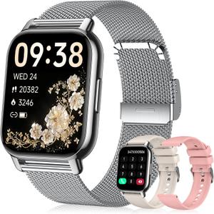 Smart Watch for Women (3 Bands), 1.85'' HD Fitness Tracker with Bluetooth Calls, IPX8 Waterproof Smartwatch for Android iPhone, 112+ Sport Modes, Heart Rate & Sleep Monitor, Silver