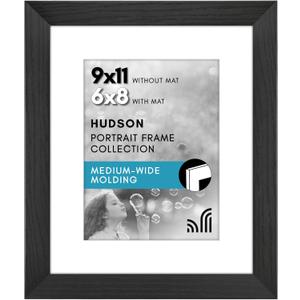 Americanflat 9x11 Picture Frame with Shatter-Resistant Glass - Use as 6x8 Frame with Mat or Display 9x11 Photo Without Mat - Hudson Collection - Wide Picture Frames for Tabletop and Wall - Black