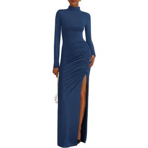 BTFBM Formal Dresses for Women 2026 Spring Long Sleeve Mock Neck Ruched Bodycon Slit Maxi Wedding Guest Dress Cocktail (Blue, XXL)