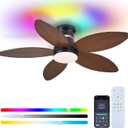 Tropical Palm Leaf RGB Ceiling Fans with Lights 46, Brown Flush Mount Ceiling Fan with Light and Remote, 3CCT Dimmable LED&&Side RGB Light, Reversible 6 Speeds, Quite Low Profile Ceiling Fan Party