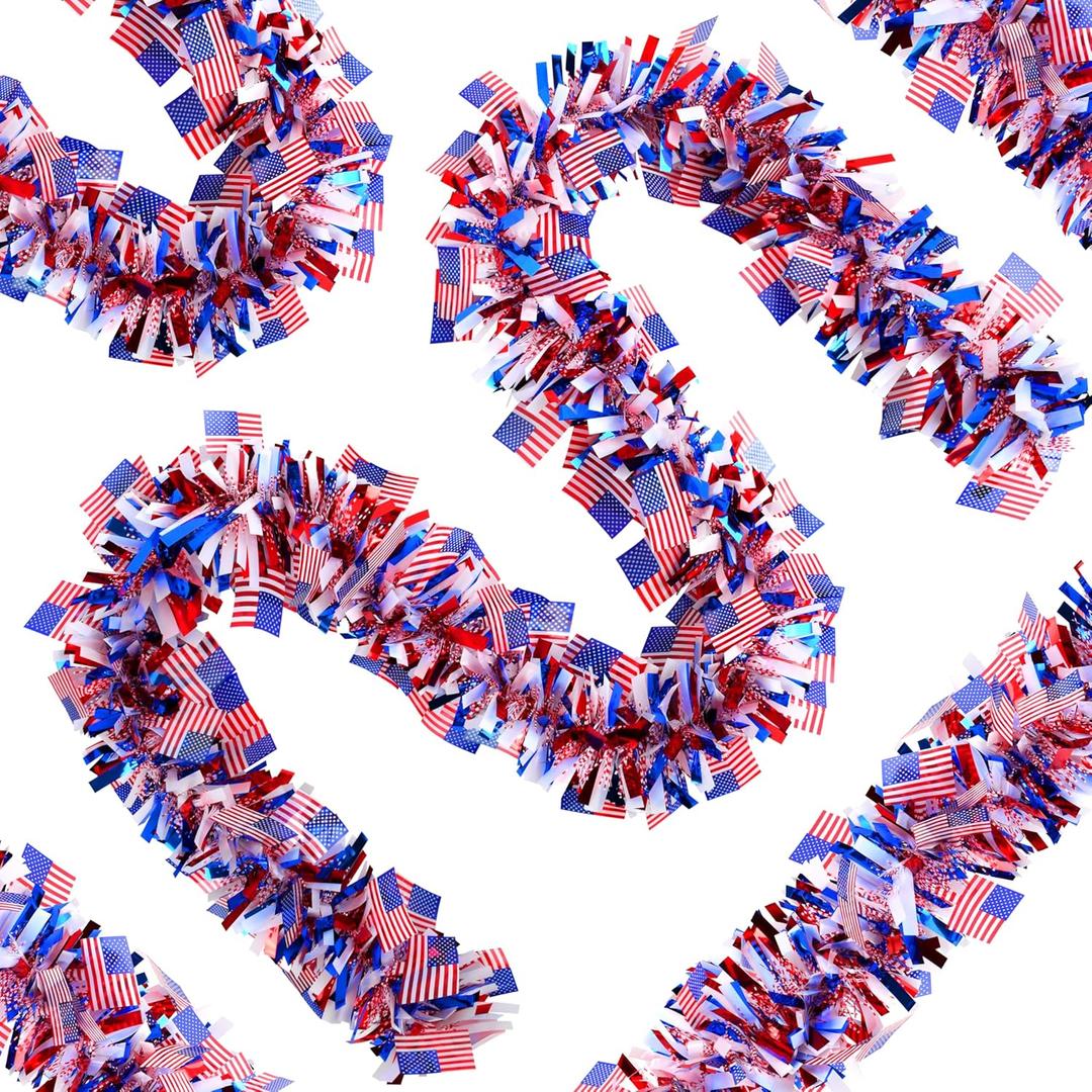 66FT 4th of July Patriotic Tinsel Garland, Glitter American Flag Tinsel Garlands Patriotic Ornaments for Memorial Day Independence Day Indoor Outdoor Holiday Party Decor