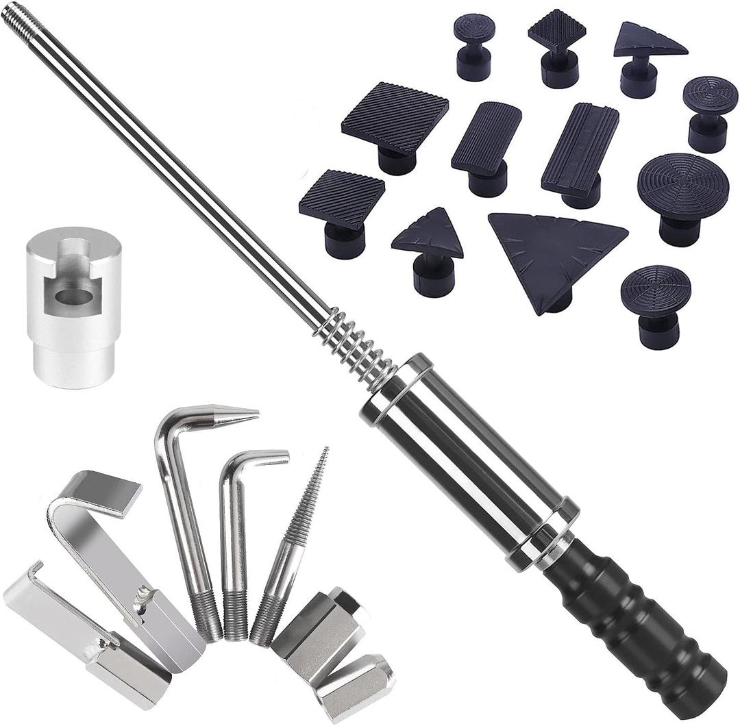 Paintless Dent Repair Kit, Heavy Duty Dent Puller Tool Paintless Car Dent Repair Tool with 12pcs Auto Body Tools Tabs and 8pcs Dent Puller Screw Tip (Gasket + Pull Hammer)