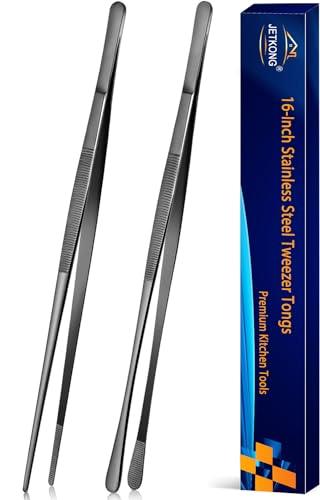 JETKONG 2 Pcs 16-Inch Kitchen Tweezers Tongs with Precision Serrated Tips, Stainless Steel Chef Tweezer Professional Cooking Tweezers for BBQ, Plating and Serving (16-Inch, Black)