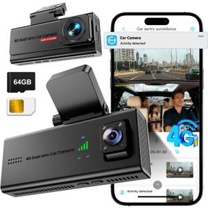 4G LTE Dash Cam with SIM Card, Live Streaming Car Security Camera Front & Cabin, 24/7 Parking Mode, AI Motion Alerts, Remote Viewing & 2-Way Talk, SD/Cloud, Anti-Theft Surveillance for Fleet & Family