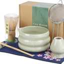Complete Matcha Set 7 Pcs Matcha Starter Kit with Bamboo Whisk, Ceramic Bowl, Scoop & Sifter, Towel, Holder, Japanese Matcha Tea Set, Gift for Beginners & Tea Lovers