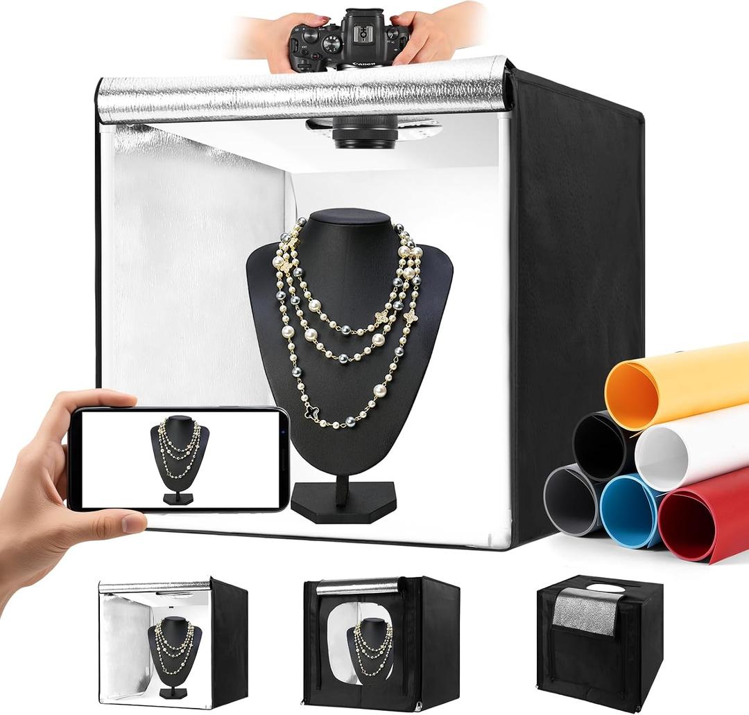 Photo Light Box, Portable 20 Inch Photo Studio Light Box, Shooting Tent Kit with 243 Light Beads and 6 Color Backdrops.Lightbox with 3 Stepless Dimming Light Boards for Product Photography