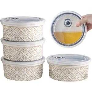 40 Oz Ramekins Ceramic Airtight Bowls Set of 4 - Large Mixing Bowls with Lids Set for Salad, Pho, Soup, Pasta, Dessert, Serving, Oatmeal, Baking Dishes, Dishwasher & Microwave Safe, Beige