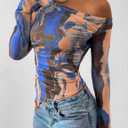 PRETTYGARDEN Womens Fall Trendy Off Shoulder Y2k Tops 2026 Tie Dye Mesh Long Sleeve Shirts Asymmetrical Ruched Floral Blouse (Beige, XXL)