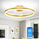 VOLISUN Low Profile Ceiling Fans with Lights and Remote, 20in Flush Mount Ceiling Fans with Light, 3000K-6500K Dimmable Fandelier LED Fan Light, Gold Bladeless Ceiling Fans with Lights for Bedroom