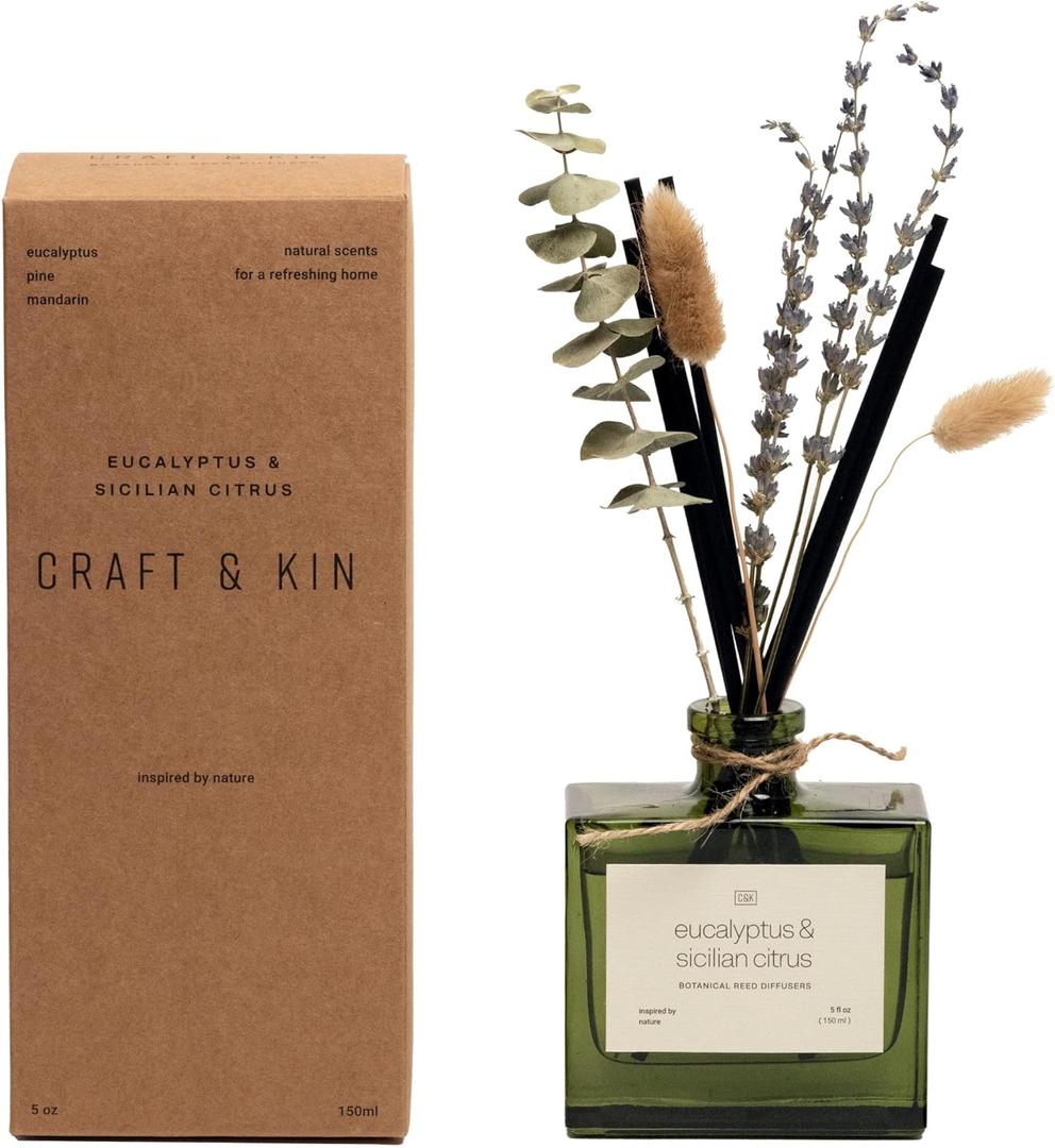 Craft & Kin Reed Diffuser with Dried Flowers | 5 oz Sicilian Citrus & Eucalyptus Scented Reed Diffusers for Home, Bathroom | Scent Sticks | Elegant Fragrance Home Decor for Men & Women