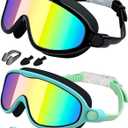 Rantizon Kids Swimming Goggles 2 Pack, Anti Fog&UV Kids Goggles for Boys Girls, No Leak Wide View Swim Goggles for Child 3-14 (Black Aqua & Green Aqua)