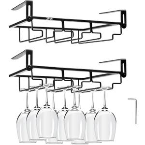 AUHOKY 2Pcs Adjustable Glass Rack Under Cabinet, Punch-Free 3 Rows Stemware Metal Holder, Hanging Glass Storage Hanger Organizer for Shelf Kitchen Bar Decor (3 Rows, Black)
