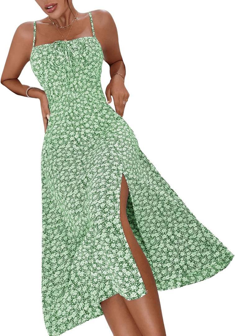 Floerns Women's Summer Split Thigh Spaghetti Strap Cami Midi Floral Dress (Large, Green Flower)