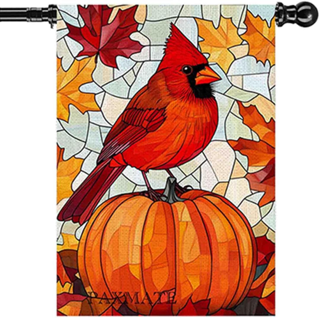 Fall Cardinal Bird Pumpkin House Flag 28x40 Double Sided Large Stained Glass Burlap Yard Flag Maple Leaves Welcome Autumn Thanksgiving Holiday Outside Decorations