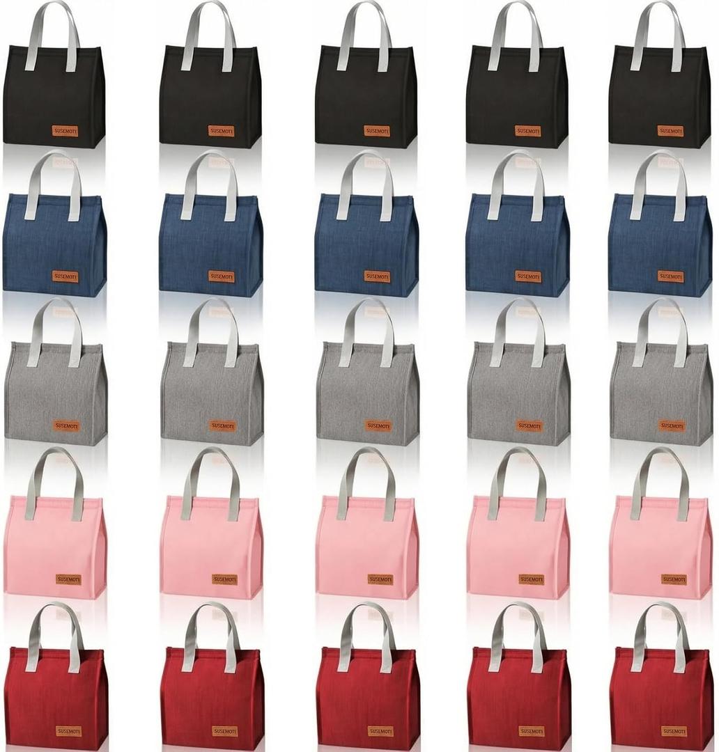 25 Pack Insulated Lunch Bags Bulk Set, Reusable Large Lunch Tote with Handles, Multi-Color Portable Food Carrier for Office, Work, Picnic, Travel & Delivery Use