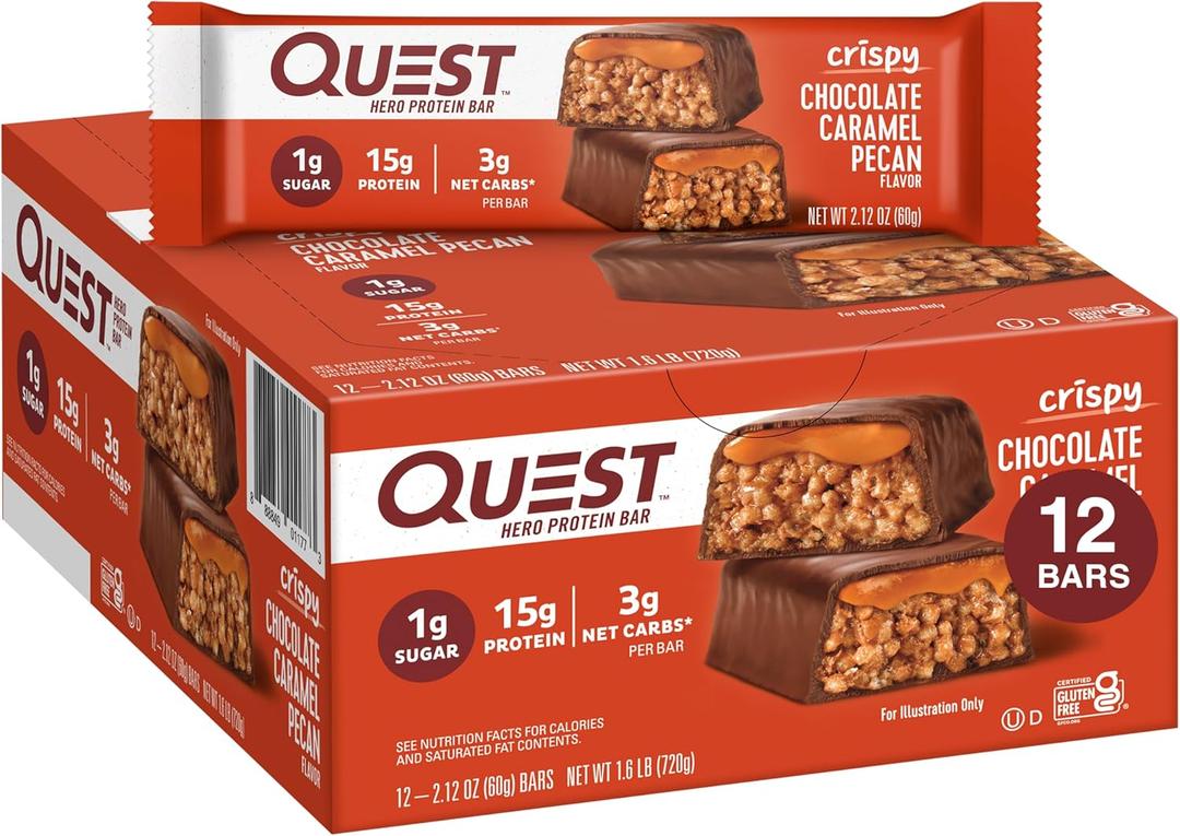Quest Nutrition Crispy Chocolate Caramel Pecan Hero Protein Bar, 15g Protein, 1g Sugar, 3g Net Carb, Gluten Free Protein Snack, Keto Friendly, 12 Count BBD:02-22-26