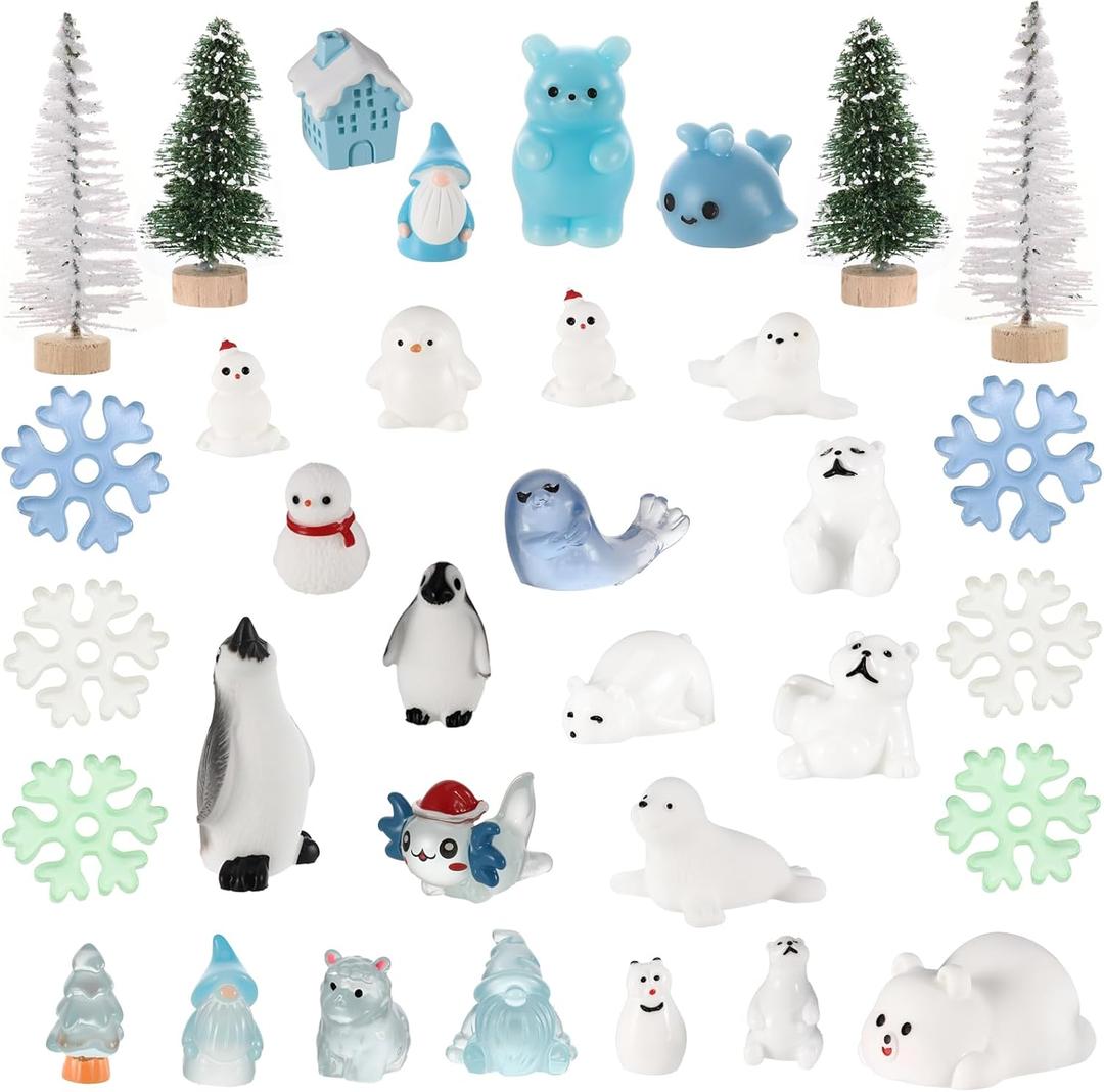 34 Pcs Winter Mini Resin Figurines, Miniature Winter Figurines for DIY Cake Decoration Ornaments Crafts Moss Landscape