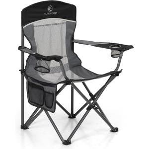 LET'S CAMP Mesh Back Camping Chair Portable Folding Heavy Duty Outdoor Chair Support 330 LBS Durable Large Arm Chair with Cup Holder and Carry Bag for Camp, Fishing, Hiking, Black (1 PC)