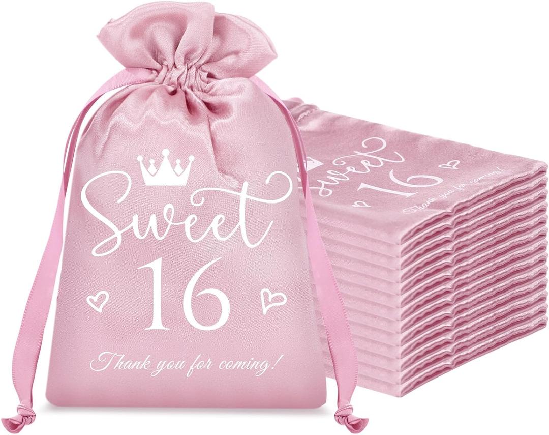 Sweetude 50 Pcs Sweet 16 Gift Bags with Drawstring Pink Silk Satin 16 Years Sweet Birthday Candy Party Favors for Guests Decoration