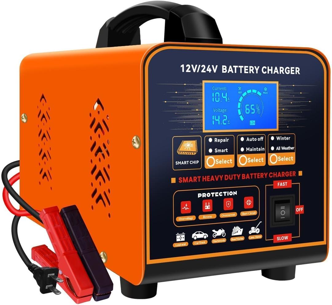 SolaMr 12V 24V Heavy Duty Car Battery Charger, 0-20A Automatic Trickle Charger for Car Truck Motorcycle RV Lawn Mower, Auto Smart Deep Cycle Battery Maintainer for AGM Lead Acid Batteries, Metal Case