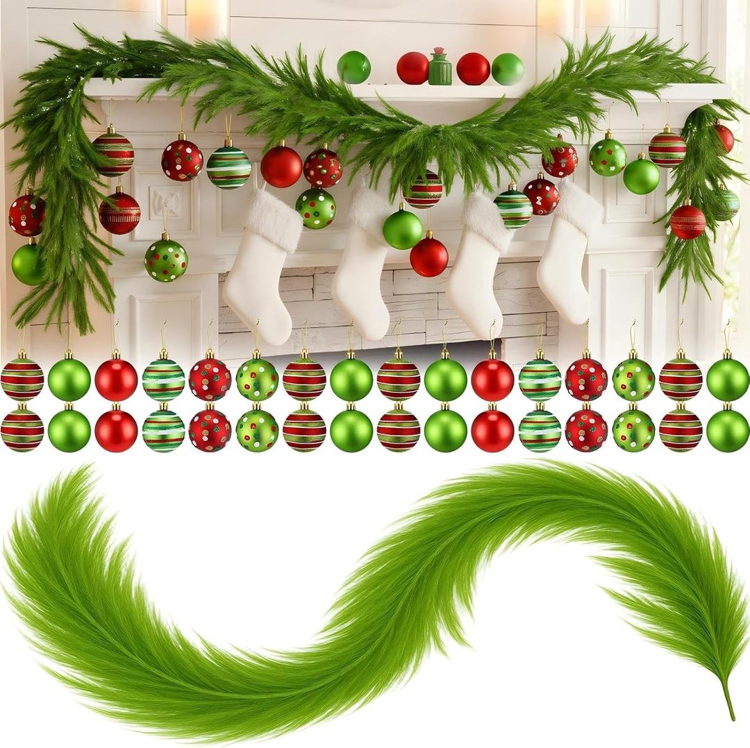 6 ft Lime Green Christmas Pampas Grass Garland with 24 Pcs 2.36 Inch Red Green Candy Cane Peppermint Christmas Ball Ornaments, Large Elf Garland Hanging for Xmas Tree Fireplace Decorations