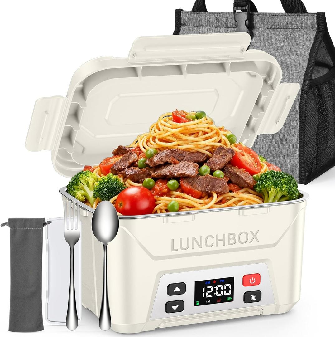 EAST OAK Heated Lunch Box for Men, Electric Lunch Box for Adults, 5.5 Cups Cordless Portable Food Warmer, Rechargeable Self Heating Food Heater with Memory Function, Automatic Keep Warm(White)