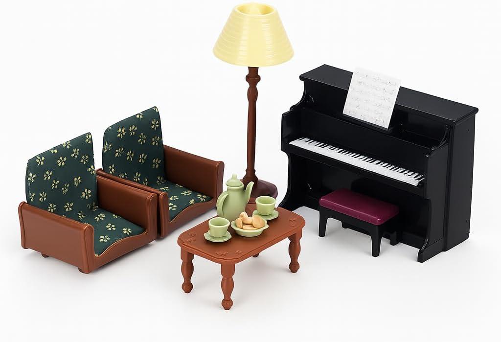 Family Dollhouse Living Room Set Piano with Bench & Sheet Music, Two Armchairs, Coffee Table, Floor Lamp & Tea Set Dollhouse Furniture & Accessories for Ages 3+