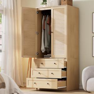 GarveeHome Armoire Wardrobe Closet with Drawers, 69.5 in Wooden Wardrobe Cabinet with Hanging Rod, 2 Doors Clothing Storage Cabinet for Bedroom, Large Capacity Storage, Louvered Door, Natural, Shutter Door