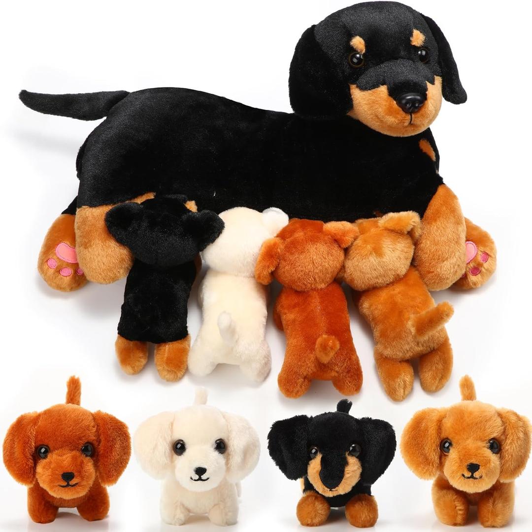 Honoson Nurturing Dog Mommy Plush Set with 4 Baby Puppies Soft Cute Dog Themed Stuffed Plush Toys for Kids Girls Boys Christmas Easter Birthday Gifts(Dachshund)