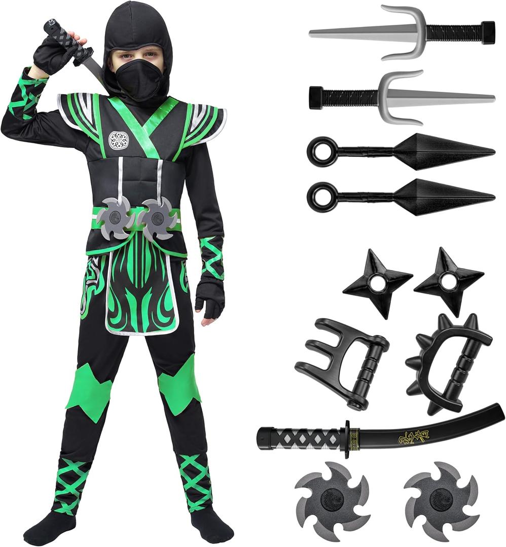 Spooktacular Creations Kids Ninja Costume, Child Boy Ninja Outfit Set, Halloween Costume for Toddler Themed Dress Up Party (Large(10-12 yrs), Green)