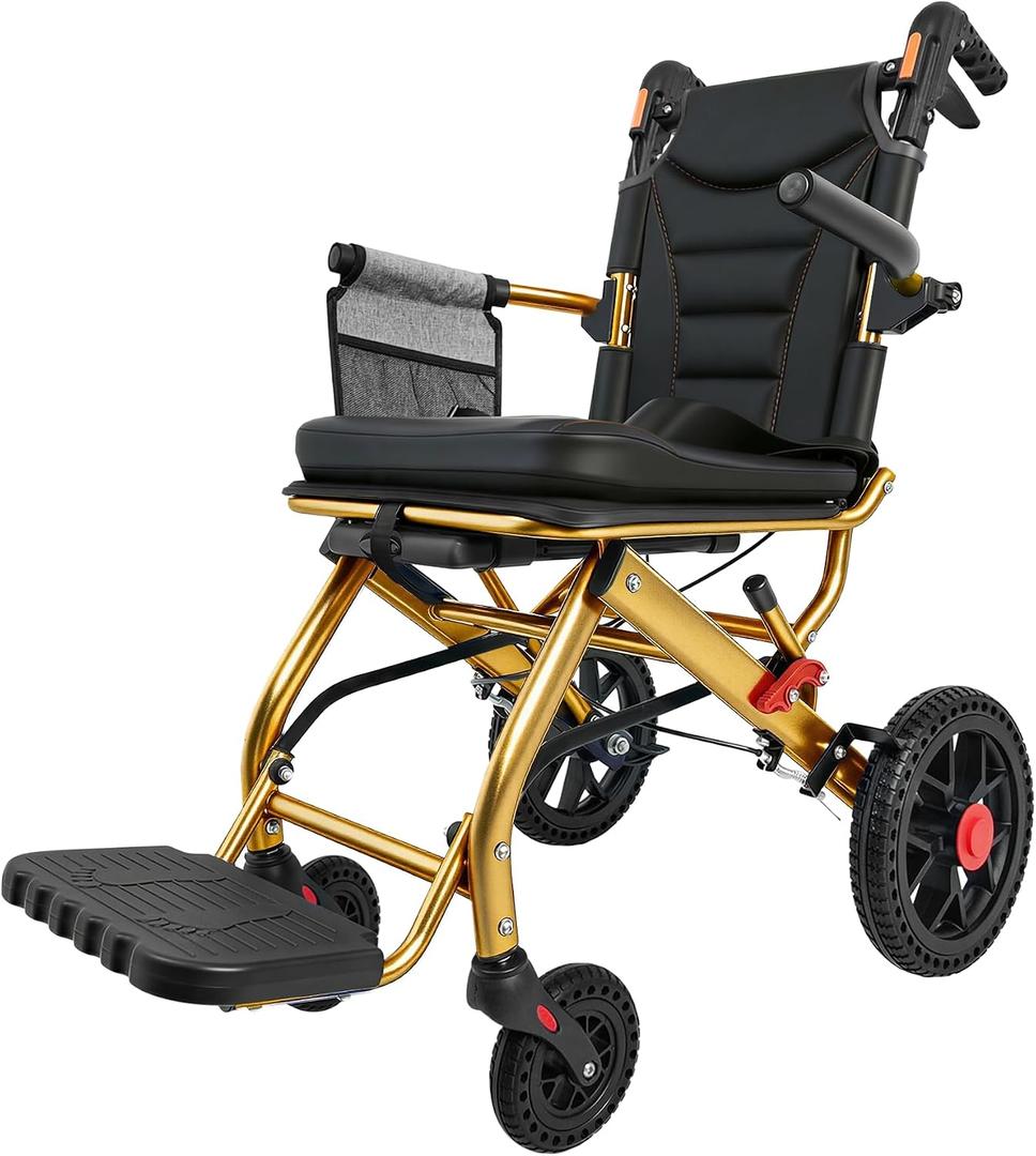 Ultra Lightweight Folding Transport Wheelchair for Seniors & Adults, Gold | Portable Chair, 12" PU Rear Wheels, Supports 300lbs, Compact for Daily Use & Travel