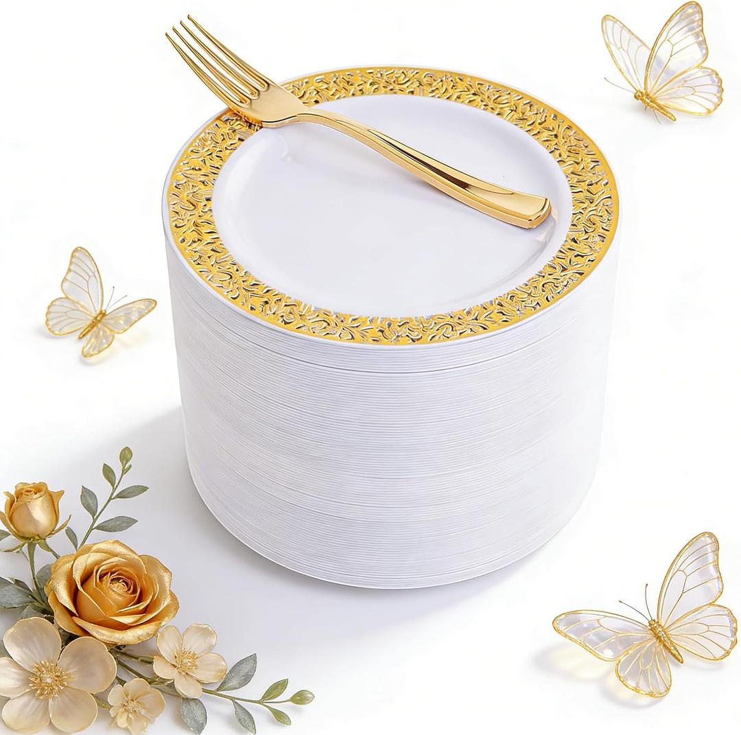 WDF 100pcs Gold Dessert Plates 7.5" with 100 Pieces Disposable Forks 7.4", Lace Design Fancy Appetizer Small Salad and Cake Plates for Thanksgiving Party/Weeding