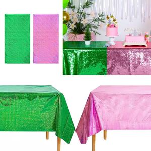 2 Pcs Pink and Green Tablecloth, 54" X 108" Glitter Sequin Tablecloth, Party Decorations for Theme Birthday Supplies
