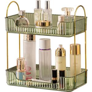 Bathroom Organizer Countertop, Vanity Trays for Bathroom, Skincare Makeup Shelf, Organizer, Counter Shelf Cosmetics, Toiletries, Lotions, Perfumes (2 Tiers, Green) (11.8" x 6.7" x 13")