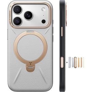 TORRAS Organic Leather for iPhone 17 Pro Case with Stand, Fit for Magsafe, 360 Spin Stand with Camera Control, Premium Leather Durable Stylish Q3 VegSkin for iPhone 17 Pro Phone Case, Cloud White