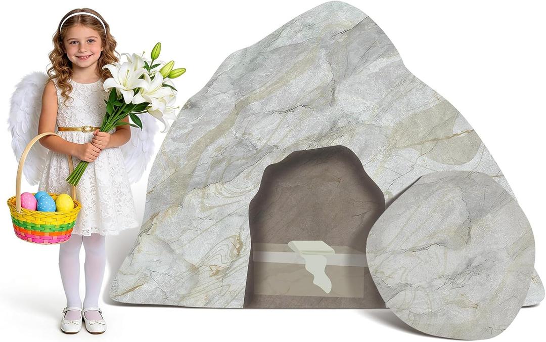 4.46 ft Easter Empty Tomb with Rock Roll Away Cardboard Cutout Standup 2 Pcs Easter Resurrection Scene Cardboard Set Christian Photo Props for Jesus Birthday Party Church Baptism Sunday School