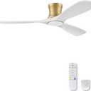 52" Wood Flush Mount Ceiling Fans with Lights Remote Control,Dimmable,Reversible,Modern Gold White Wood Ceiling Fan with Quiet DC Motor,Outdoor Indoor Low Profile for Bedroom Living Room Patio