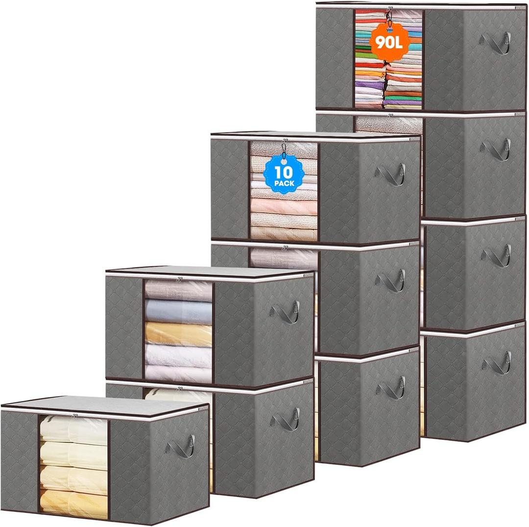 10 Pack Clothes Storage Bags 90L Foldable Storage Containers Comforter Bags for Closet Storage with Clear Window and Reinforced Handles Blanket Storages Clothes Bins for Closet Bedding Comforter