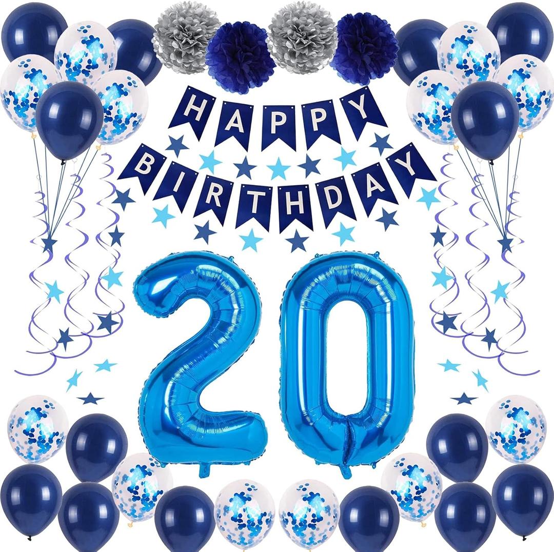20th Blue Birthday Party Decorations for Boy Girl Men Women, Happy 20th Birthday Banner, 20 Number Balloons, Blue Star Streamers, Hanging Swirls