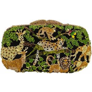 Boutique De FGG Forest Jungle Animal World Crystal Clutch Purse for Women Formal Evening Bags Rhinestone Clutch Handbag,Mini (Green)