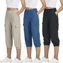 3 Pack:Women's Woven Cargo Capri Jogger Pants Tactical Hiking 5 Pockets Water Resistant Quick Dry Active Pockets Drawstring (Medium, Set 8)