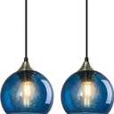 Blue Glass Pendant Lights Kitchen Island Lighting Globe Pendant Light Fixtures Modern Lighting for Kitchen Island Bedroom Living Dining Room (5.9in, 2-Pack)