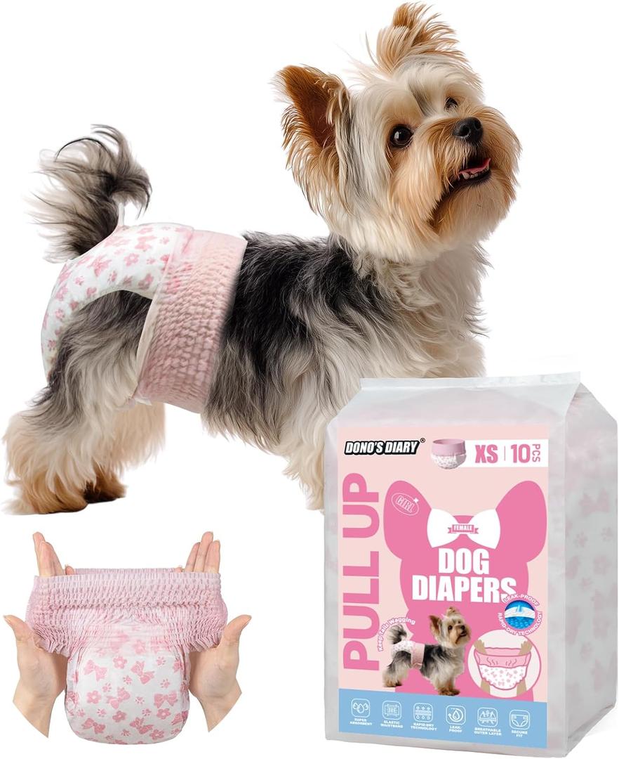 Dono Disposable Pull It Up Female Dog Diapers, 360° Stretchy Waist Puppy Diapers, Super-Absorbent Doggie Diapers with Rapid-Dry Technology Leak-Proof Design for Doggy in Heat Period, XS 40 Pcs