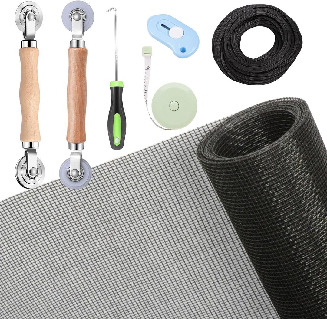 Windows Screen and Screen Door Repair Kit, 48"x118" Charcoal Fiberglass Mesh with Rolling Tool/Hook/Ruler/Cutter/Spline - Window Screen & Sliding Screen Door Replacement for Windows, TOOLTRIZ, 48" x 118", Black