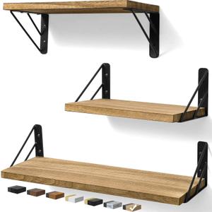 BAYKA Wall Shelves for Bedroom Decor, Floating Wall Shelves for Living Room Kitchen Storage, Wall Mounted Rustic Wood Floating Shelves for Kids Books, Corner Shelves for Bathroom(BrownSet of 3) (16-inch Mixed, F. Carbonized Brown Board & Black Brackets)